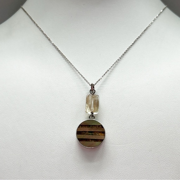 Vintage Signed Sandy Baker Sunstone Abalone Sterling Silver Necklace - Picture 3 of 12